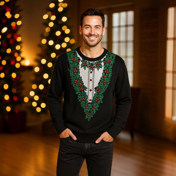 JEM Mens XL Holiday Sweater Tux Ugly Christmas Party Funny Knit Retro Festive - Picture 4 of 6